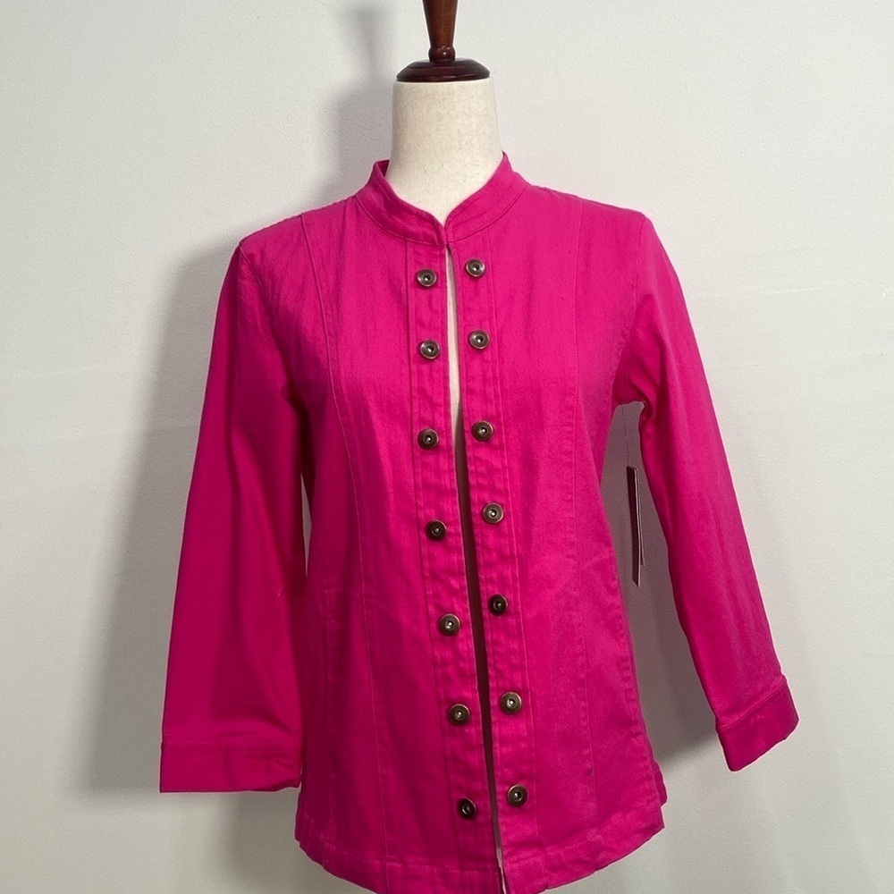 Denim Jacket Open front faux buttons pockets Collarless Fuchsa Women's XS